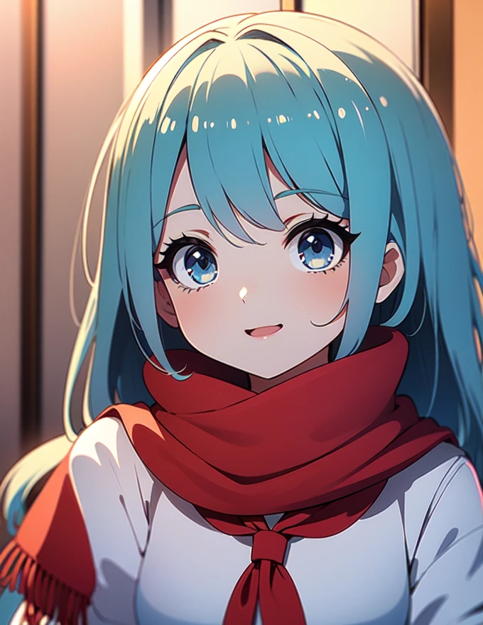 Himikotoganova, (1 garota, Sozinho), (olhos perfeitos), cabelo loiro, duplo bom, Messy hair, franja, olhos amarelos, serafuku, bolsas sob os olhos, sorriso, boca aberta, saia azul, mangas compridas, red scarf, seios, 