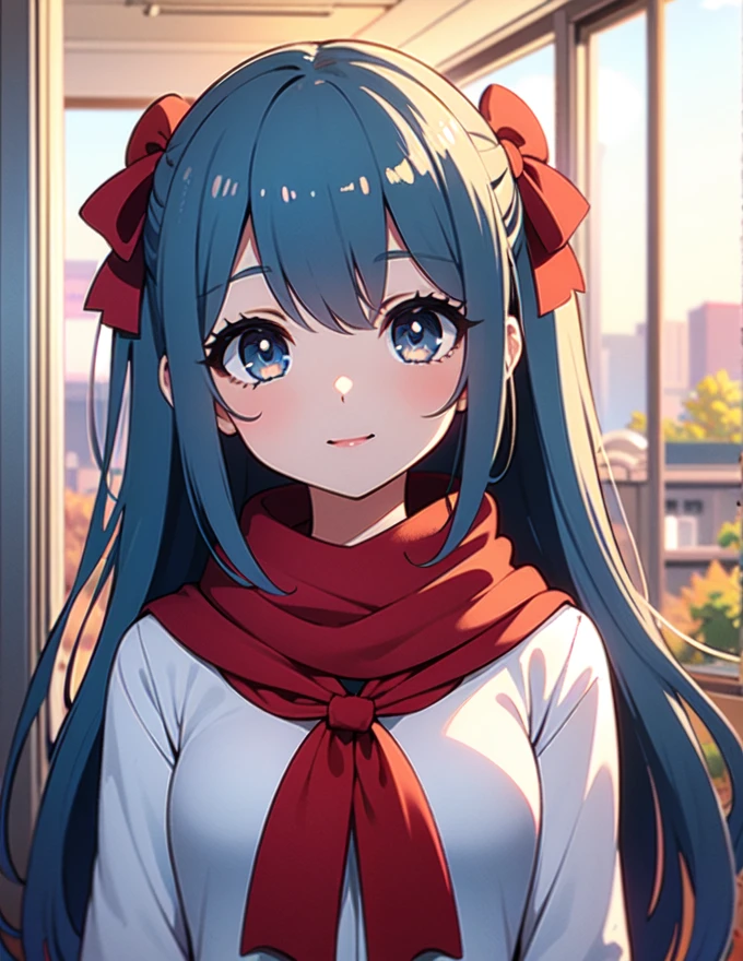 Himikotoganova, (1 garota, Sozinho), (olhos perfeitos), cabelo loiro, duplo bom, Messy hair, franja, olhos amarelos, serafuku, bolsas sob os olhos, sorriso, boca aberta, saia azul, mangas compridas, red scarf, seios, 