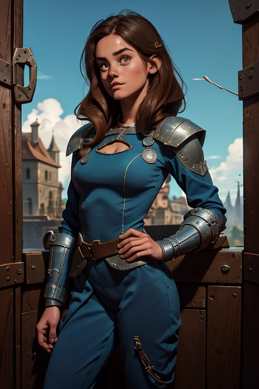 Ella Purnell, personagem, Lucy character from the fallout series, (Ella Purnell cabelo com rabo de cavalo franja cortina) uma jovem soldado seios nus, in blue costumes from the Brotherhood of Steel paramilitary faction ; e The Ghoul (Walton Goggins),