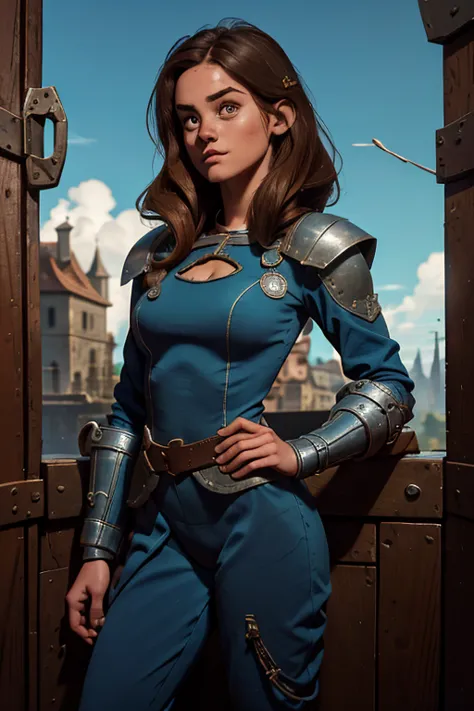 ella purnell, personagem, lucy character from the fallout series, (ella purnell cabelo com rabo de cavalo franja cortina) uma jo...