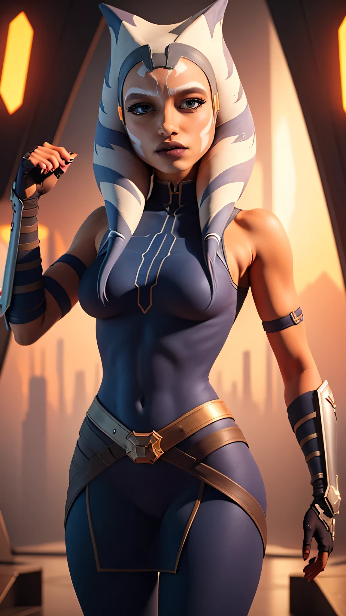 (Full portrait body:1.2), (Rear view of the space city), perfect woman figure, (masterpiece, best quality, ultra-detailed), background The spaceship, extremely detailed eyes, AhsokaTano, orange skin, blue eyes, makeup, blue shirt, vambraces, fingerless gloves, hip armor, blue skirt, blue leggings, ideal body, out fit top, perfect anatomy 