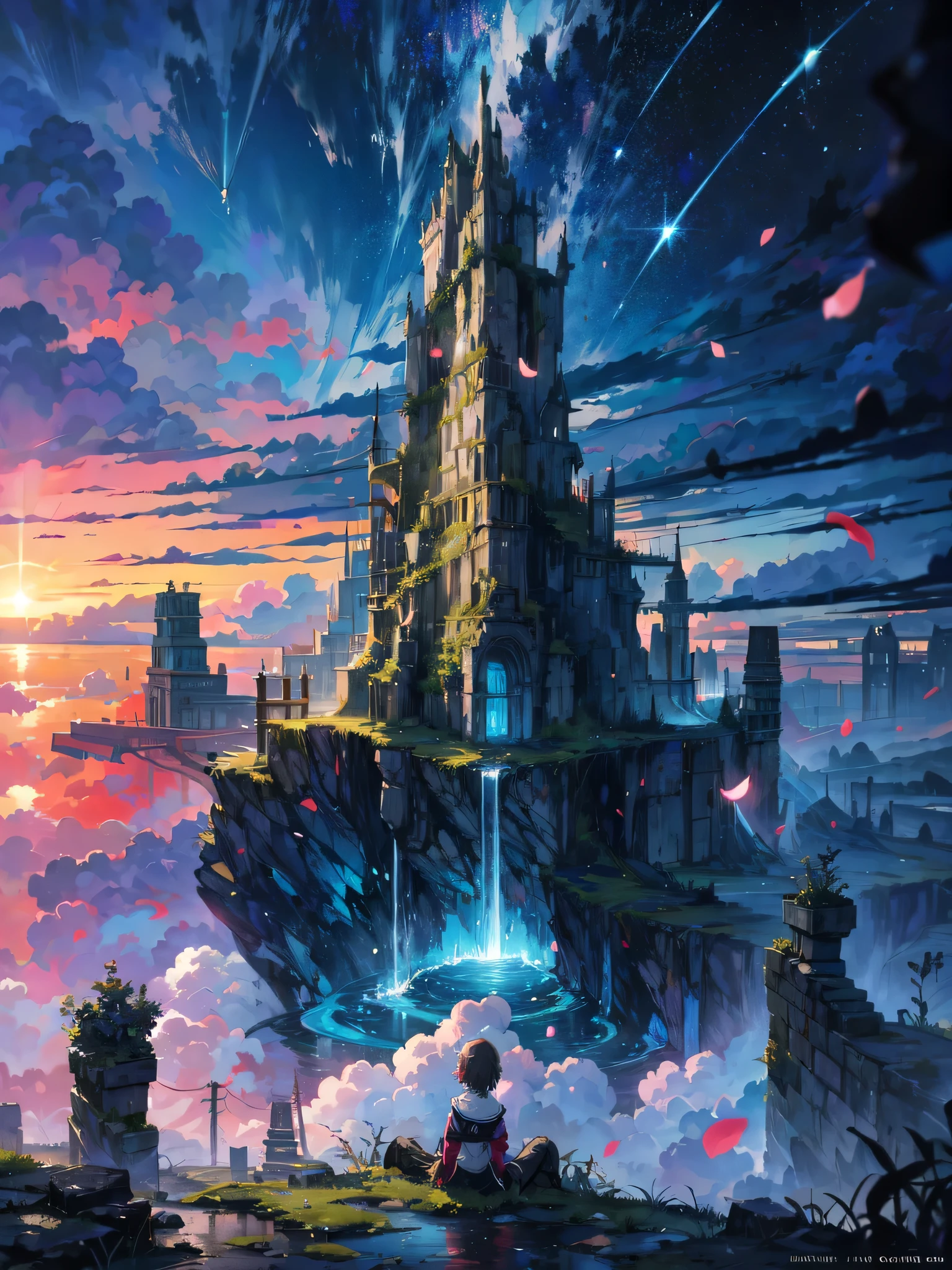 style anime shinkai mokoto et ghibli, par derrière,au dessus du nuage,une fille en tenue d&#39;aventure assise sur une scène moussue regardant la majestueuse cité perdue et l&#39;arbre du monde géant à côté, lost city au dessus du nuage and towering sky, magique brillant partical, ciel coloré de rêve vibrant et nuages moelleux, livres, pomme, Lunettes, calme,pétale,cheveux soufflés par le vent,ils sont