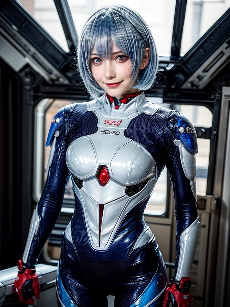 Masterpiece, highest quality, 8K, detailed skin texture, fine cloth texture, beautiful detailed face, intricate details, super detailed, portrait of Rei Ayanami, blue hair, red eyes, looking far away, no background, Evangelion Wearing a plug suit when riding, plug suit, whole body visible, standing, arms crossed, 15 years old, beautiful, cute, great style, smiling,composition that shows the whole body,