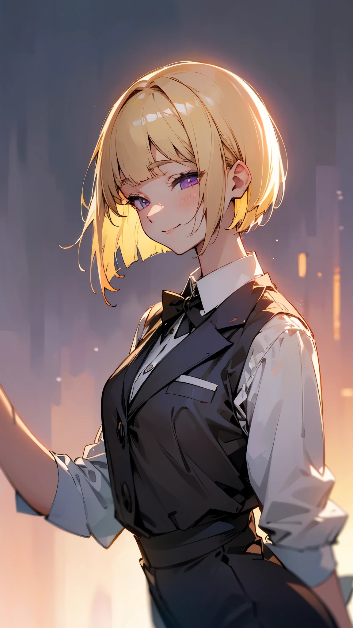 1 Girl、8k、Sharp focus、(Bokeh) (highest quality) (Detailed skin:1.3) (Intricate details) (anime)、(blonde)、short hair、Bobcut、Blunt bangs、Beautiful purple eyes、Slender body、From the side、Upper body close-up、White shirt、Black work trousers、Black Fitted Blazer、Calm face、Mouth closed、Cheeky Smile、Squint your eyes、Park in the background、sunset、Soft lighting.