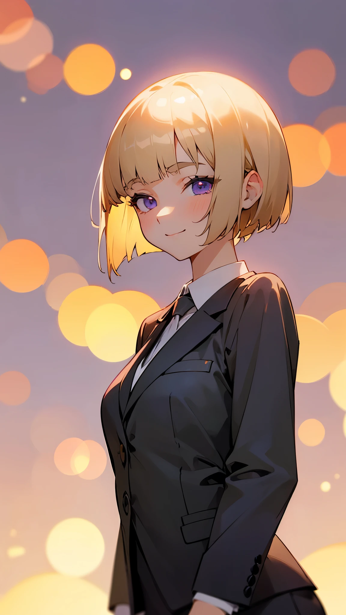 1 Girl、8k、Sharp focus、(Bokeh) (highest quality) (Detailed skin:1.3) (Intricate details) (anime)、(blonde)、short hair、Bobcut、Blunt bangs、Beautiful purple eyes、Slender body、From the side、Upper body close-up、White shirt、Black work trousers、Black Fitted Blazer、Calm face、Mouth closed、Cheeky Smile、Squint your eyes、Park in the background、sunset、Soft lighting.