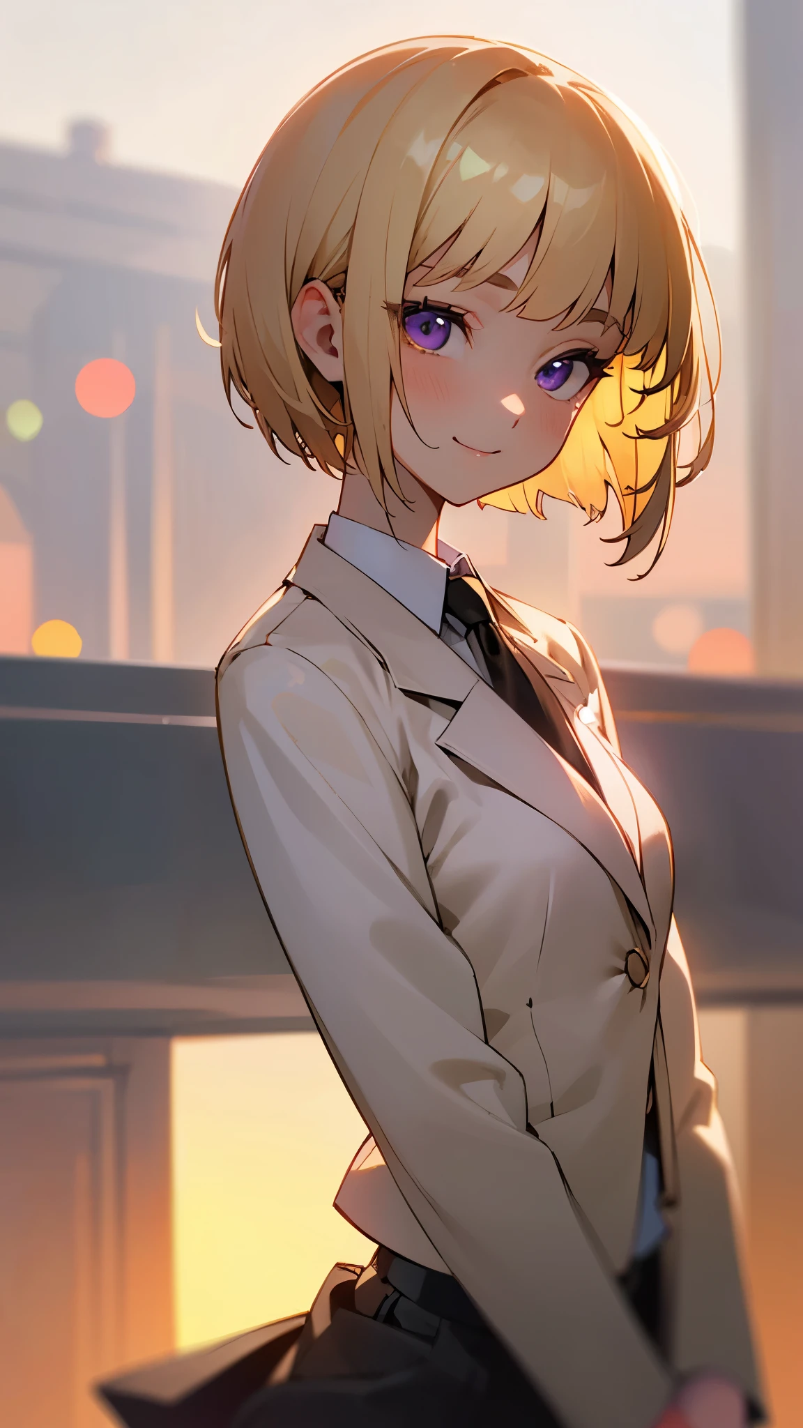 1 Girl、8k、Sharp focus、(Bokeh) (highest quality) (Detailed skin:1.3) (Intricate details) (anime)、(blonde)、short hair、Bobcut、Blunt bangs、Beautiful purple eyes、Slender body、From the side、Upper body close-up、White shirt、Black work trousers、Black Fitted Blazer、Calm face、Mouth closed、Cheeky Smile、Squint your eyes、Park in the background、sunset、Soft lighting.