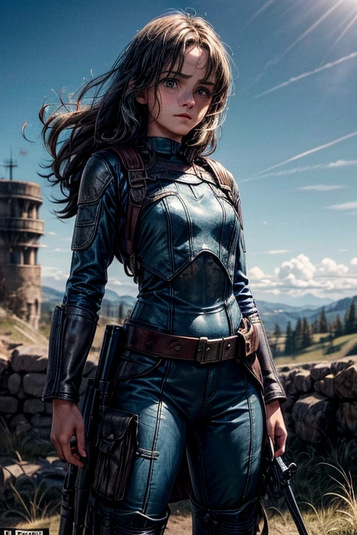 Ella Purnell, personagem, Lucy character from the fallout series, (Ella Purnell cabelo com rabo de cavalo franja cortina) uma jovem soldado seios nus, in blue costumes from the Brotherhood of Steel paramilitary faction ; e The Ghoul (Walton Goggins),