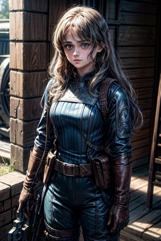 Ella Purnell, personagem, Lucy character from the fallout series, (Ella Purnell cabelo com rabo de cavalo franja cortina) uma jovem soldado seios nus, in blue costumes from the Brotherhood of Steel paramilitary faction ; e The Ghoul (Walton Goggins),