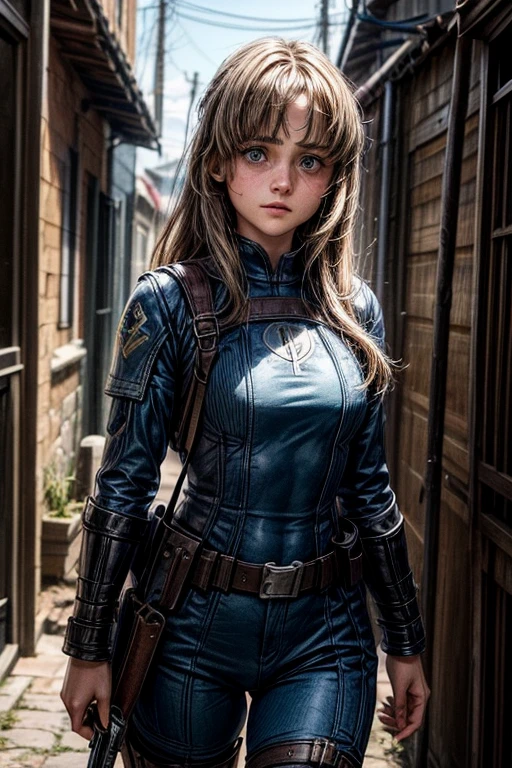 Ella Purnell, personagem, Lucy character from the fallout series, (Ella Purnell cabelo com rabo de cavalo franja cortina) uma jovem soldado seios nus, in blue costumes from the Brotherhood of Steel paramilitary faction ; e The Ghoul (Walton Goggins),