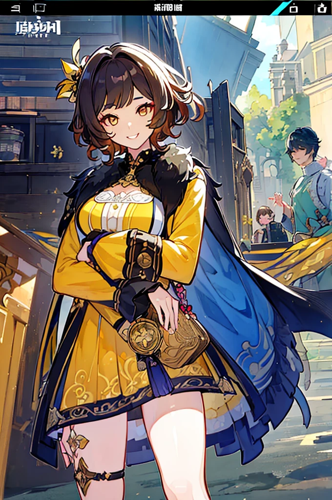 ((screenshot genshin impact, Masterpiece: 1.5, best quality, high resolution: 1.3, super resolution, super detailed, ultra detailed: 1.3, Perfect Anatomy: 1.5, 1 woman) dark skin + short hair curly blond + yellow eyes + eyelashes long + feminine figure + makeup (intricate costume, short fluffy coat, bangs on the face) ((adorable open eyes, friendly smile))