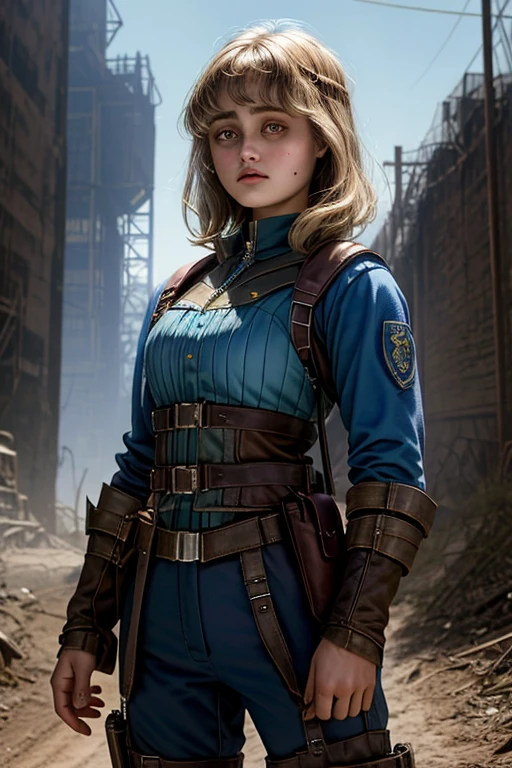 Ella Purnell, personagem, Personagem Lucy da série Fallout, (Ella Purnell cabelo com rabo de cavalo franja cortina) uma jovem soldado seios nus, em trajes azuis da facção paramilitar Irmandade de Aço ; e O Ghoul (Walton Goggins),