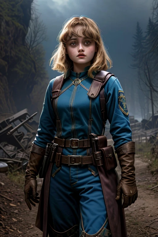 Ella Purnell, personagem, Lucy character from the fallout series, (Ella Purnell cabelo com rabo de cavalo franja cortina) uma jovem soldado seios nus, in blue costumes from the Brotherhood of Steel paramilitary faction ; e The Ghoul (Walton Goggins),