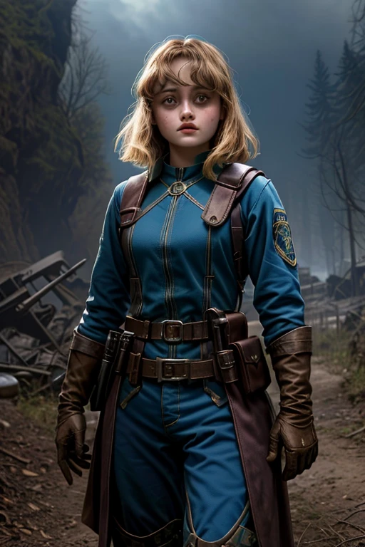 Ella Purnell, personagem, Personagem Lucy da série Fallout, (Ella Purnell cabelo com rabo de cavalo franja cortina) uma jovem soldado seios nus, em trajes azuis da facção paramilitar Irmandade de Aço ; e O Ghoul (Walton Goggins),