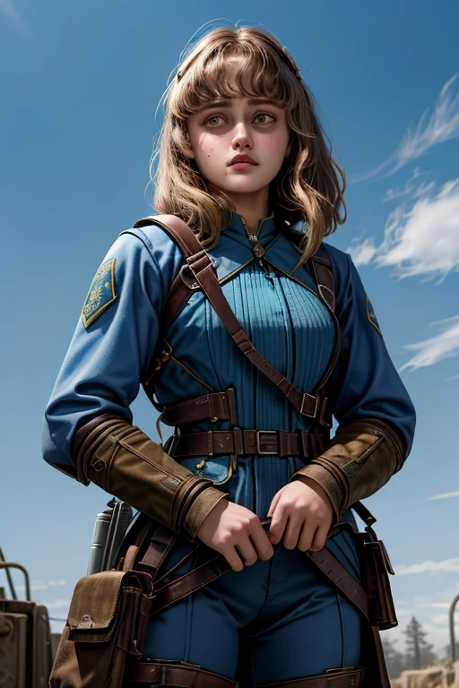 Ella Purnell, Charakter, Lucy-Figur aus der Fallout-Serie, (Ella Purnell Pferdeschwanzhaar mit Vorhangpony) ein junger Soldat mit nackten Brüsten, in blauen Kostümen der paramilitärischen Fraktion Brotherhood of Steel ; e Der Ghul (Walton Goggins),