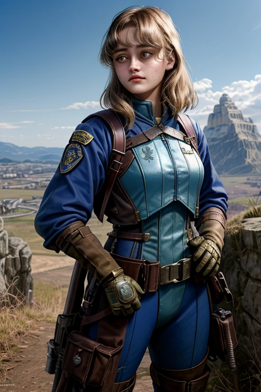 Ella Purnell, personagem, Lucy character from the fallout series, (Ella Purnell cabelo com rabo de cavalo franja cortina) uma jovem soldado seios nus, in blue costumes from the Brotherhood of Steel paramilitary faction ; e The Ghoul (Walton Goggins),