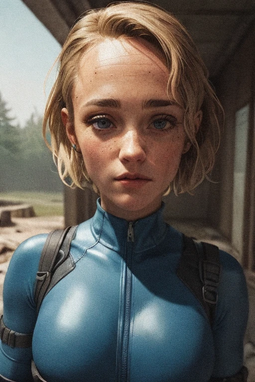 Ella Purnell, Personaje Lucy de la serie Fallout., despues del Apocalipsis, niebla, partículas de luz,  (mejor calidad, Obra maestra, bokeh, alta resolución), consecuencias 4, 1 chica, traje de bóveda azul, chica bóveda, pelo rubio, ojos entrecerrados, cabello corto, sin pipboy3000, Blindado de cuero, caminando, sosteniendo el arma, boca cerrada, mirando hacia el lado, lago, nuka cola, símbolo de radiación, 
 Más granulado