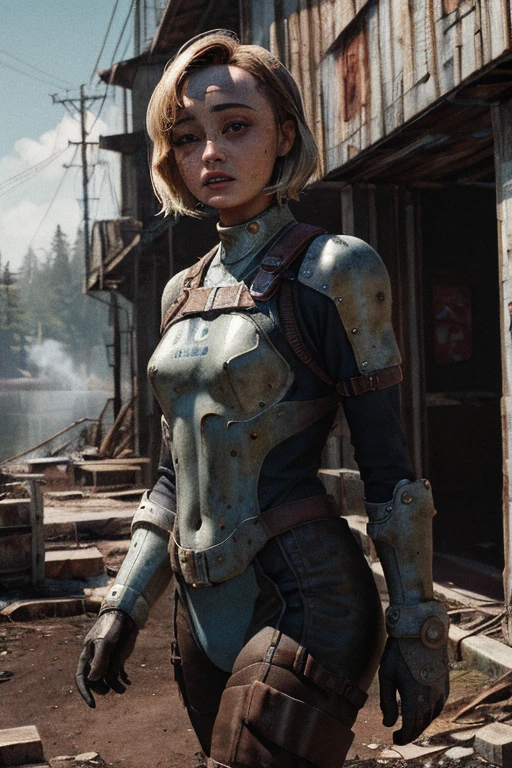 Ella Purnell, Lucie, Tomber,, post-apocalypse, Brouillard, Particules légères,  (meilleure qualité, chef-d&#39;œuvre, bokeh, haute résolution), Fallout 4, 1fille, combinaison bleue, Fille du coffre-fort, cheveux blond, yeux plissés, cheveux courts, sans pipboy3000, cuir blindé, marche, tenant un pistolet, bouche fermée, regardant de côté, lac, Nuka Cola, symbole de rayonnement, 
 Plus granuleux