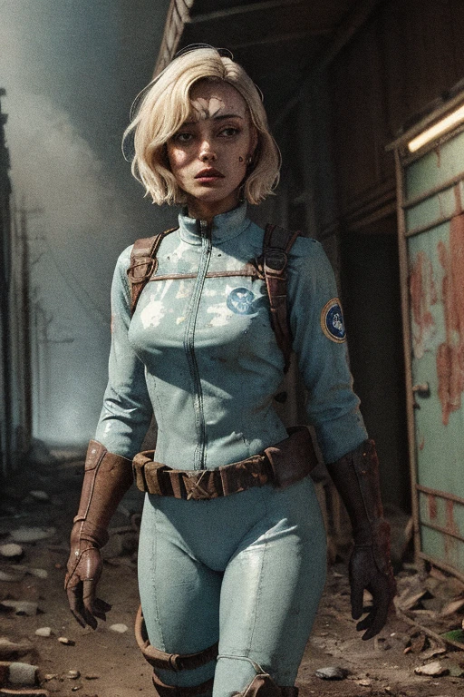 Lucy, Fallout,, post-apocalypse, fog, light particles,  (best quality, masterpiece, bokeh, highres), fallout 4, 1girl, blue vaultsuit, VaultGirl, blonde hair, narrowed eyes, short hair, without pipboy3000, leather armored, walking, holding gun, closed mouth, looking to the side, lake, nuka cola, radiation symbol, 
 more grainy