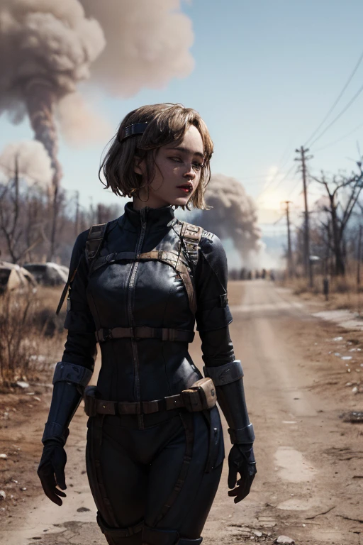 Ella Purnell, "Lucy" Fallout, post-apocalypse, fog, light particles, (best quality, masterpiece, bokeh, high resolution), fallout 4, 1girl, blue vaultsuit, VaultGirl, black hair, big eyes, glowing eyes , short hair, no pipboy3000 , leather armored, walking, holding a gun, mouth closed, looking to the side, lake, nuka cola, radiation symbol, more grainy