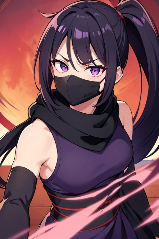 (masterpiece), best quality, (expressive eyes), perfect face, a ninja girl, dynamic black long hair, (hair over one eye), bangs, pony tail, wide open eyes, purple eyes, smug smile, teeth, black ninja mouth mask, purple scarf, dark purple sleeveless suit, black tight sleeves, shot from below, ((looking down at viewer)), ((close up shot)), red sky night indoor scenery, yellow moon, ninja shushing pose