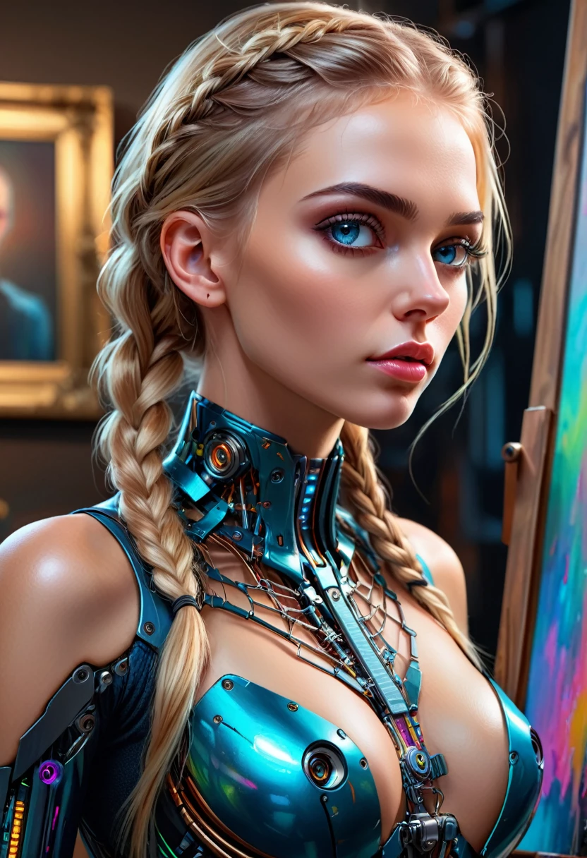 a sexy cyborg woman with a french braid and blonde hair, drawing a self-portrait in oil paints, standing full-length in front of an easel with paints, (best quality, 4k, 8k, highres, masterpiece:1.2), ultra-detailed, (realistic, photorealistic, photo-realistic:1.37), portrait, highly detailed face, beautiful detailed eyes, beautiful detailed lips, extremely detailed eyes and face, long eyelashes, intricate machinery and cybernetic implants, sleek metallic body, glowing energy lines, dramatic lighting, vibrant colors, cinematic composition