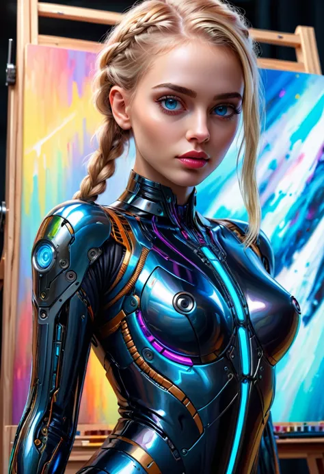 a sexy cyborg woman with a french braid and blonde hair, drawing a self-portrait in oil paints, standing full-length in front of...