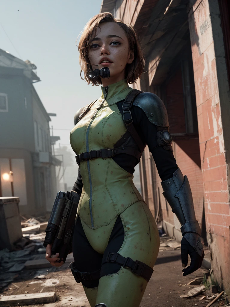 Ella Purnell, "Lucy" Fallout, post-apocalypse, fog, light particles, (best quality, masterpiece, bokeh, high resolution), fallout 4, 1girl, blue vaultsuit, VaultGirl, black hair, big green eyes highly detailed and shiny, short hair, no pipboy3000, leather armor, walking, holding a gun, mouth closed, looking to the side, lake, nuka cola, radiation symbol, more grainy