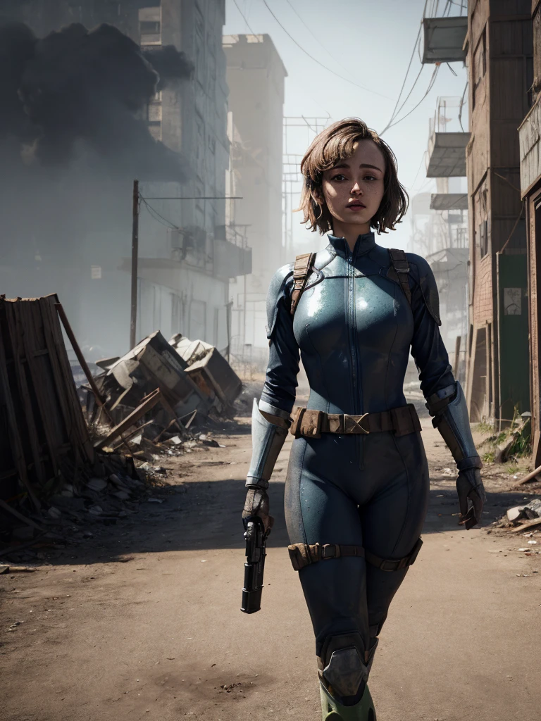 Ella Purnell, "Lucy" Fallout, post-apocalypse, fog, light particles, (best quality, masterpiece, bokeh, high resolution), fallout 4, 1girl, blue vaultsuit, VaultGirl, black hair, big green eyes highly detailed and shiny, short hair, no pipboy3000, leather armor, walking, holding a gun, mouth closed, looking to the side, lake, nuka cola, radiation symbol, more grainy