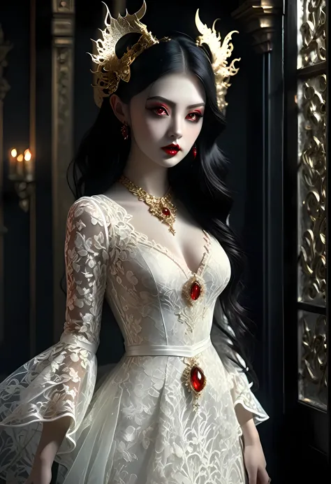 epic good looking succubus wearing a (white lace: 1.5) dress (intense details, Masterpiece, best details: 1.6),, offering a gold...