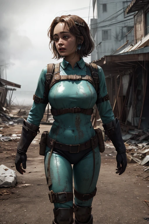 Ella Purnell, "Lucy" Fallout, post-apocalypse, fog, light particles, (best quality, masterpiece, bokeh, high resolution), fallout 4, 1girl, blue vaultsuit, VaultGirl, black hair, big green eyes highly detailed and shiny, short hair, no pipboy3000, leather armor, walking, mouth closed, looking to the side, lake, nuka cola, radiation symbol, more grainy