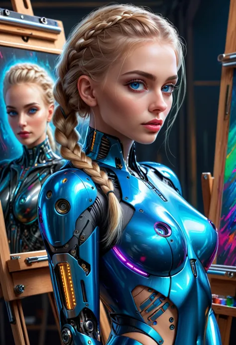 a sexy cyborg woman with a french braid and blonde hair, drawing a self-portrait in oil paints, standing full-length in front of...