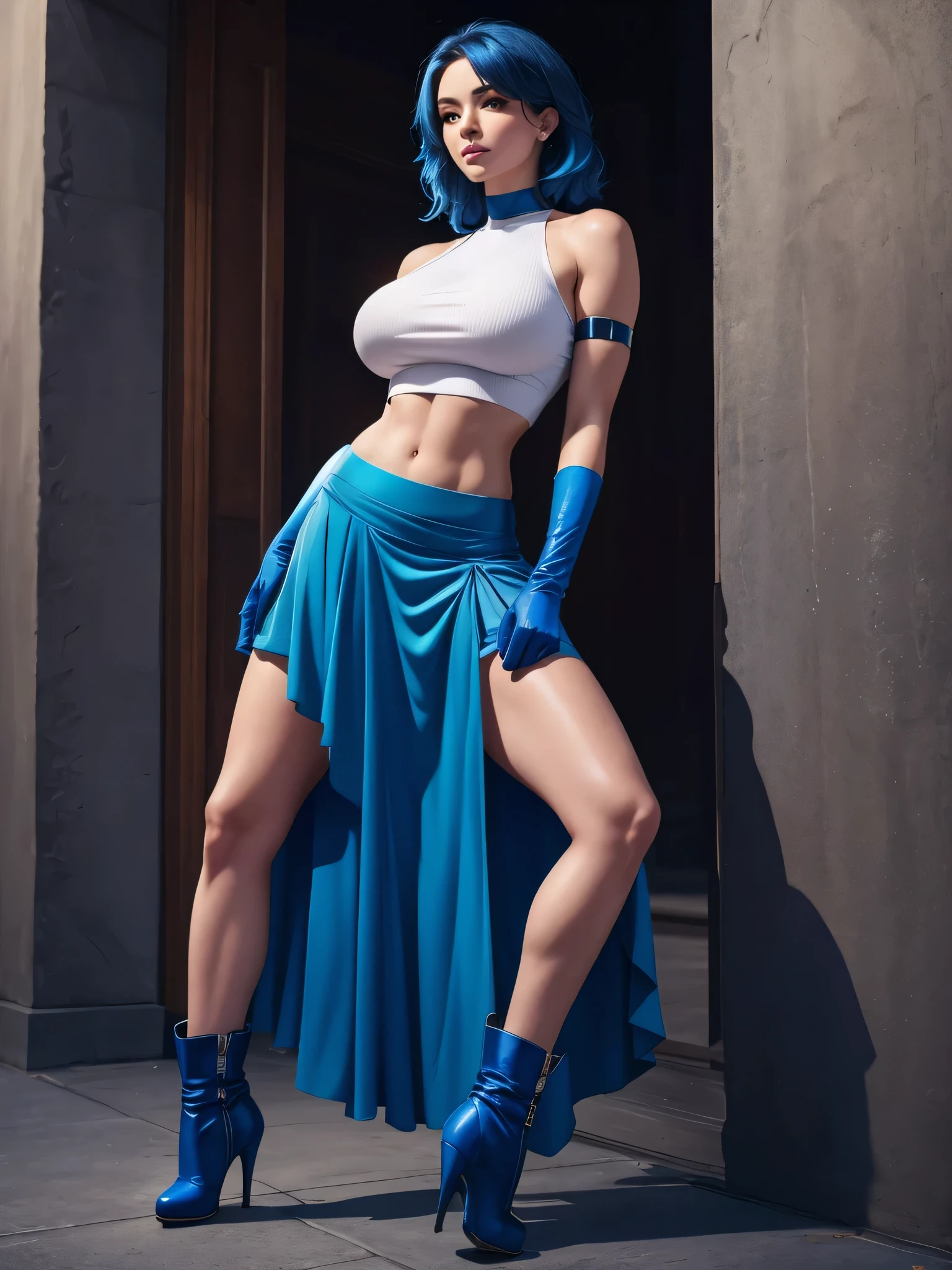 Full body, realistic, 8k, best quality, masterpiece, (1 beautiful woman, solo: 1.1), very big breasts, blue hair, blue crop top, blue skirt, blue wrist gloves, blue high heel boots, naked shoulders