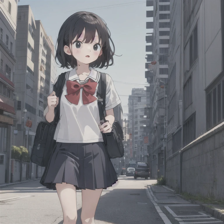 Kawaiimix,best quallity,anime girl driving,masterpiece,school bag,black hair,city background