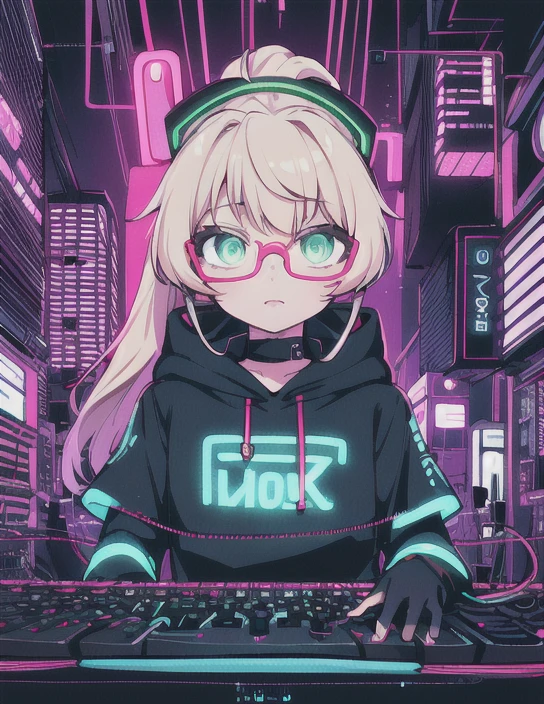 (Monika, green eyes, ponytail, gorgeous face, very long hair, perfect body), (masterpiece, best quality, highly detailed), (cyberpunk:1.2), (neon:1.5), (hacker:1.5), (glasses:1.2), (hoodie:1.2), (wires:1.2), (keyboard:1.2), (glitching:1.2), 