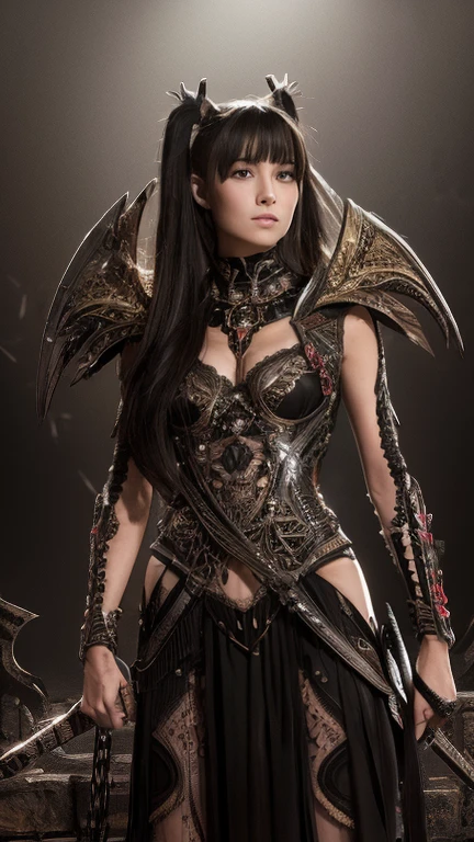 High resolution ultra detailed photography of a female necromancer with a bone scythe in her hand, female necromancer with clothes made of bones, female necromancer in a standing threatening pose looking towards the camera, photo background gloomy at night, The female necromancer's face is that of a Native American woman, face clearly detailed with red eyes