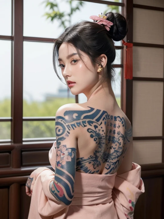 (masterpiece best quality:1.4),1girl, (tattoo of chinese text:1.5), solo, sweaty body, hair flowers, long hair, blue eyes, looking at viewer,looking sensually , black hair, bare shoulders, half-opened transparent minimalist sexy chinese clothes, full upper body, earrings, indoors, off shoulder, jewelry, eyelashes, lips, short hair bun, sliding doors, piercing, single hair bun, (kimono, topless:1.2), (half-opened kimono tied at the waist:1.3),high ponytail, blue hair, pink eyes:1.2), looking at viewer,(medium breasts, sexy thighs), frontal angle , front view , sexy, 