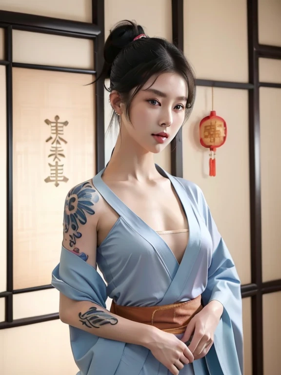 (masterpiece best quality:1.4),1 sexy alluring ultra hot girl, (tattoo of chinese text:1.5), damp , cleavage , solo, sweaty body, hair flowers, long hair, blue eyes, looking at viewer,looking sensually , black hair, bare shoulders, half-opened transparent minimalist sexy chinese clothes, full upper body, earrings, indoors, off shoulder, jewelry, eyelashes, lips, short hair bun, sliding doors, piercing, single hair bun, (kimono, topless:1.2), (half-opened kimono tied at the waist:1.3),high ponytail, blue hair, pink eyes:1.2), looking at viewer,(medium breasts, sexy thighs), frontal angle , front view , sexy, 