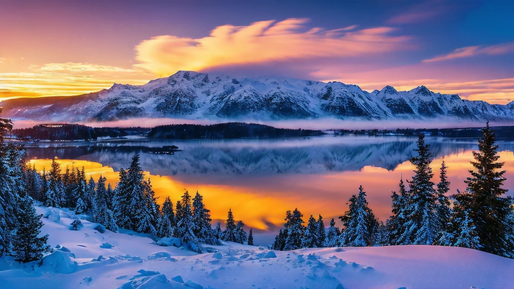 A Norwegian foggy Fjord in the winter, sunset, snowy mountains in the background, fog, Couple, coming from blue hot water, The water is blue, snow, ice everywhere, magical forest, mystical, (Nordic Gods mystical vibes:1.2), Watering can SL2 + Leica Vario-Elmarit-SL 24-70 f/2.8 ASF , 16K, ultra high resolution.Photorealistic, UHD, masterpiece, RAW, kinematics,HDR,High Definition Image,incredibly realistic Norwegian landscape,