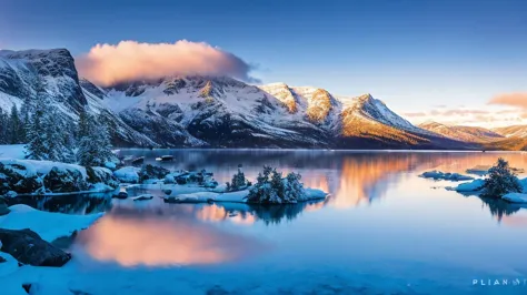 a norwegian foggy fjord in the winter, sunset, snowy mountains in the background, fog, couple, coming from blue hot water, the w...