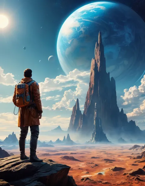un homme debout sur une surface rocheuse regardant les planètes, art de science-fictionwork, Fond d&#39;écran fantastique de sci...