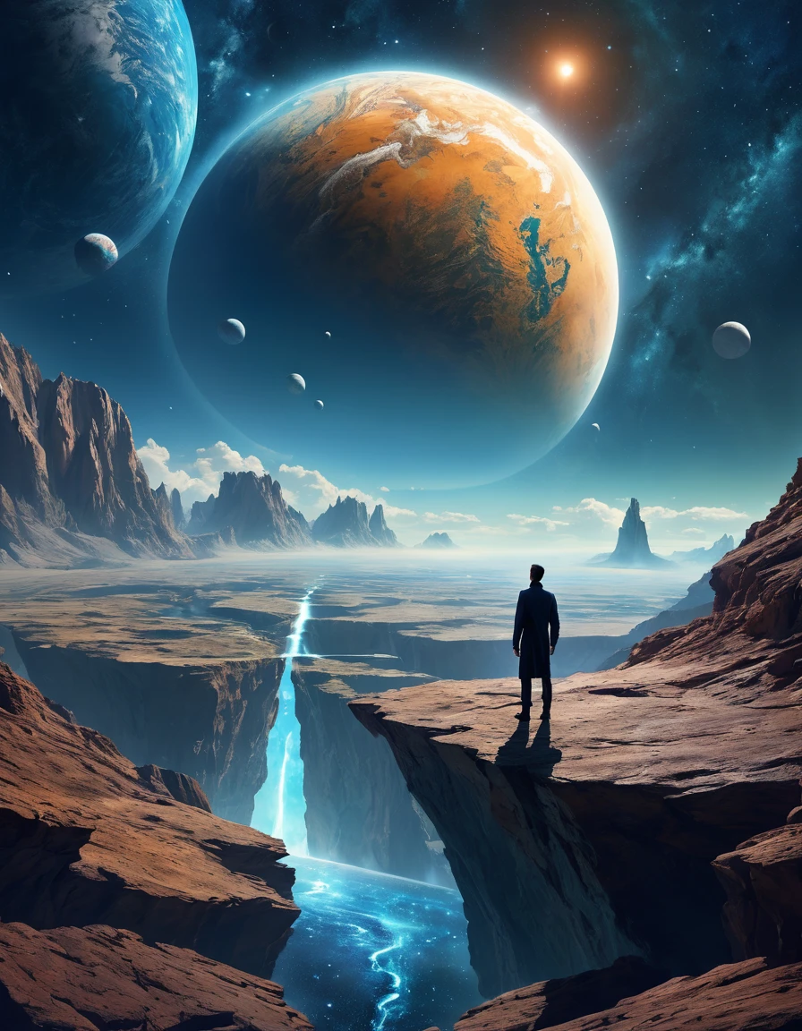 un homme debout sur une surface rocheuse regardant les planètes, Art de science-fictionwork, Fond d&#39;écran fantastique de science-fiction, science-fiction spatiale, Art de science-fictionwork, Espace fantastique, Art de science-fictionwork, Art de science-fiction, Fond d&#39;écran incroyable, Art de science-fiction, Art de science-fiction, galaxie science-fiction spatiale, Art de science-fiction numérique, art fantastique de science-fiction épique, Art de science-fiction