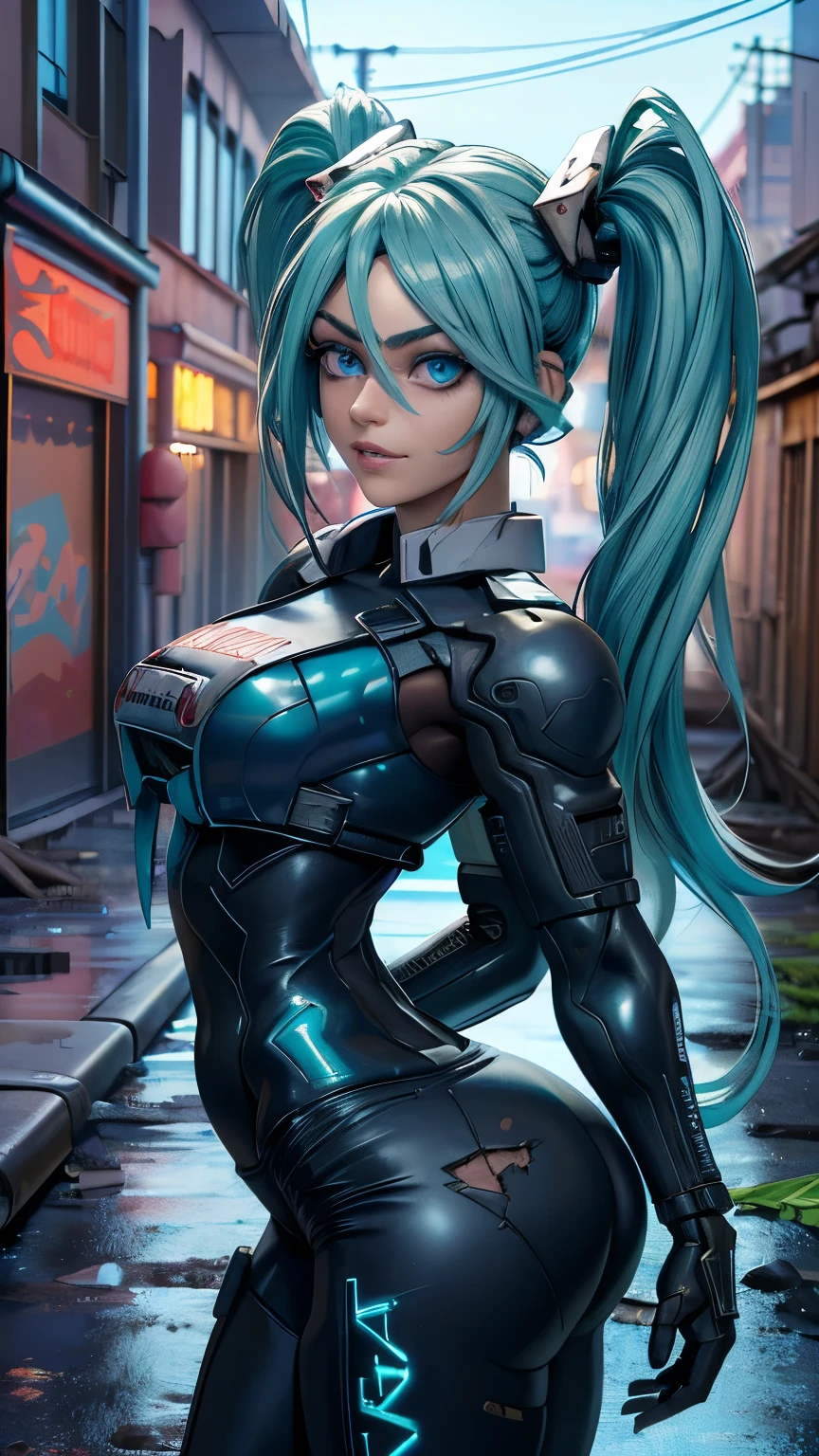 (La mejor calidad,A high resolution,Ultra - detallado,actual), Miku Hatsune, ,(Ruined alley Tokyo cyberpunk dungeon ruins background :1.4 ), pechos grandes, dynamic pose , (pelo verde colas gemelas) ,(minifalda corta blanca:1.4), cabello muy largo) , Put your arms behind your back, blue eyes, ojos brillantes, cara relajada, pelo de las cejas, cabello brillante,,(Fondo de ruinas de mazmorra en ruinas:1.4 ), piel brillante, una ligera sonrisa, Racing Miku, cuerpo negro, chaqueta corta, chaqueta blanca, manga larga, guantes de dos tonos, botas altas de muslo,,(Fondo de ruinas de mazmorra en ruinas nublado lluvia :1.4 ),(Obra maestra: 1.4), (8K, realista, foto cruda, La mejor calidad: 1.4),(Miku Hatsune:1.4), (Miku Hatsune V2.1), (Detalles de la cara: 1.5, (ojos azules hermosos :1.4) , hermoso rostro, ojos bonitos, revestimiento del iris, labios delgados: 1.5, delgado, pale and sharp eyebrows, Largo, dark eyelashes, double eyelashes),manos perfectas: 1.5, (Kinematics V2.1),( dynamic pose), (perfect anatomy), (cara detallada :1.4), (no mutaciones), (fondo piedras grandes), (vista trasera, vista trasera),(mostrando panties), (dynamic pose de vaquero) 