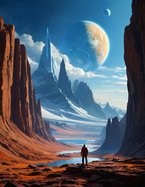 un homme debout sur une surface rocheuse regardant les planètes, concept art inspiré par Christopher Balaskas, trend on the CG c...