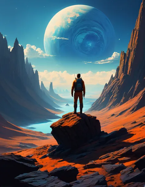 un homme debout sur une surface rocheuse regardant les planètes, concept art inspiré par Christopher Balaskas, trend on the CG c...