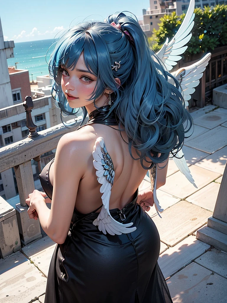 one piece, rooftop, 1girl, 1 Screen View, from above, nsfw, 8K, highest quality, Beautiful expression, standing, arched back, Shiny natural skin texture, cheerful, Cute face, nose blush, grin, fluffy bob cut, hair ribbon, (Wings on your back:1.8), (masterpiece:1.2), (see through:1.1), (puffynipple:1.1), (Light-pigmented nipple:1.3), (sky blue hair:1.6), (flower hair ornament:0.8)																	