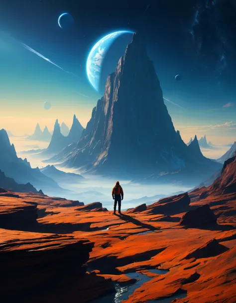 un homme debout sur une surface rocheuse regardant les planètes, concept art inspiré par christopher balaskas, trend on the cg c...