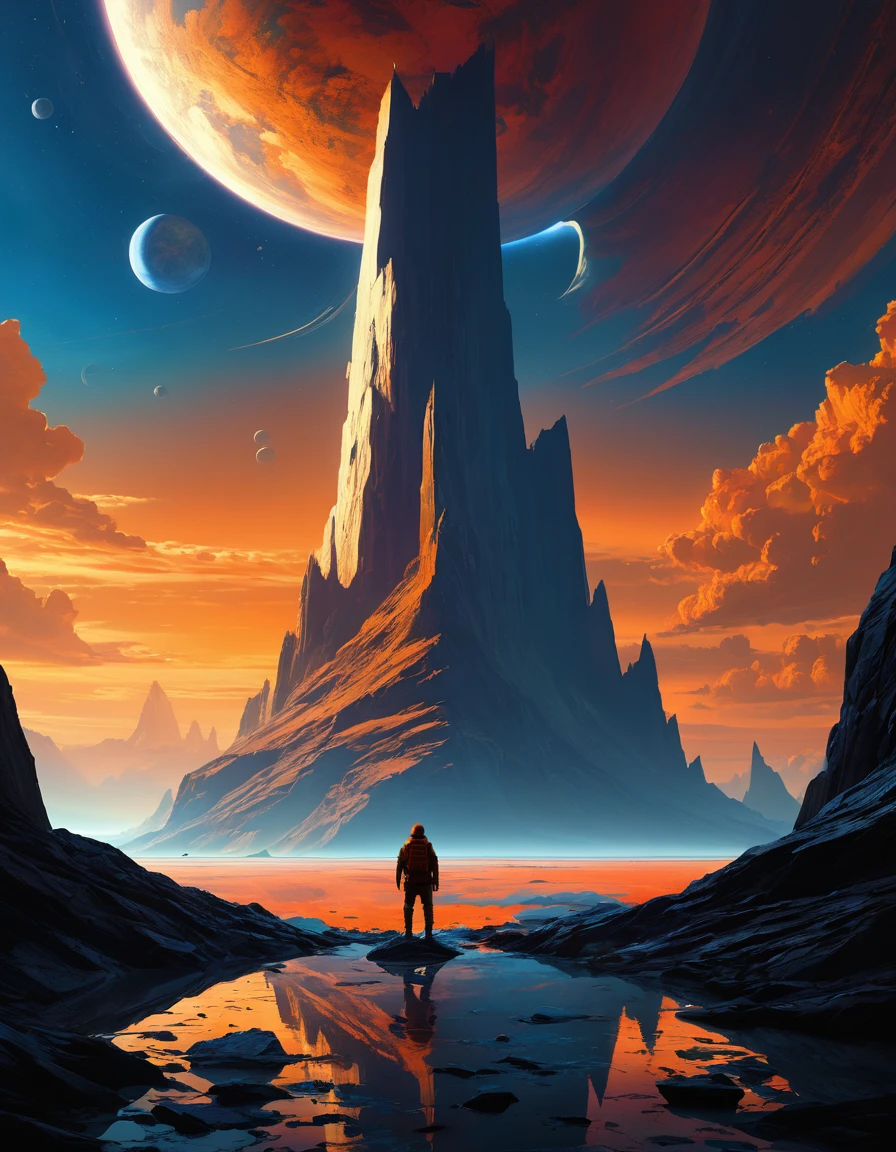 um homem parado em uma superfície rochosa olhando para os planetas, Arte conceitual inspirada em Christopher Balaskas, tendência na empresa CG, arte espacial, arte de ficção científicawork, parte inferior de&#39;tela de fantasia de ficção científica, ficção científica espacial, arte de ficção científicawork, Espaço de fantasia, arte de ficção científicawork, arte de ficção científica, parte inferior de&#39;tela incrível, arte de ficção científica, arte de ficção científica