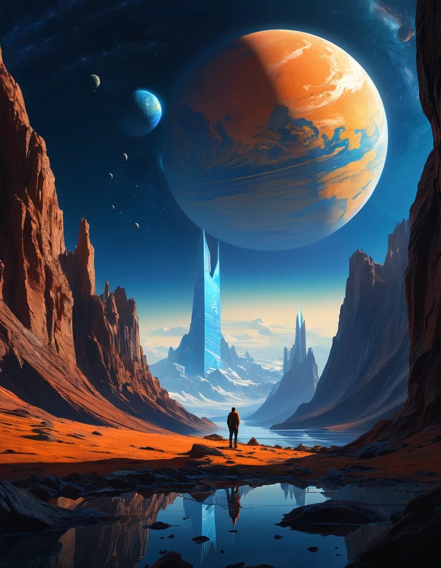 un homme debout sur une surface rocheuse regardant les planètes, concept art inspiré par Christopher Balaskas, tendance sur la société CG, art spatial, Art de science-fictionwork, Fond d&#39;écran fantastique de science-fiction, science-fiction spatiale, Art de science-fictionwork, Espace fantastique, Art de science-fictionwork, Art de science-fiction, Fond d&#39;écran incroyable, Art de science-fiction, Art de science-fiction