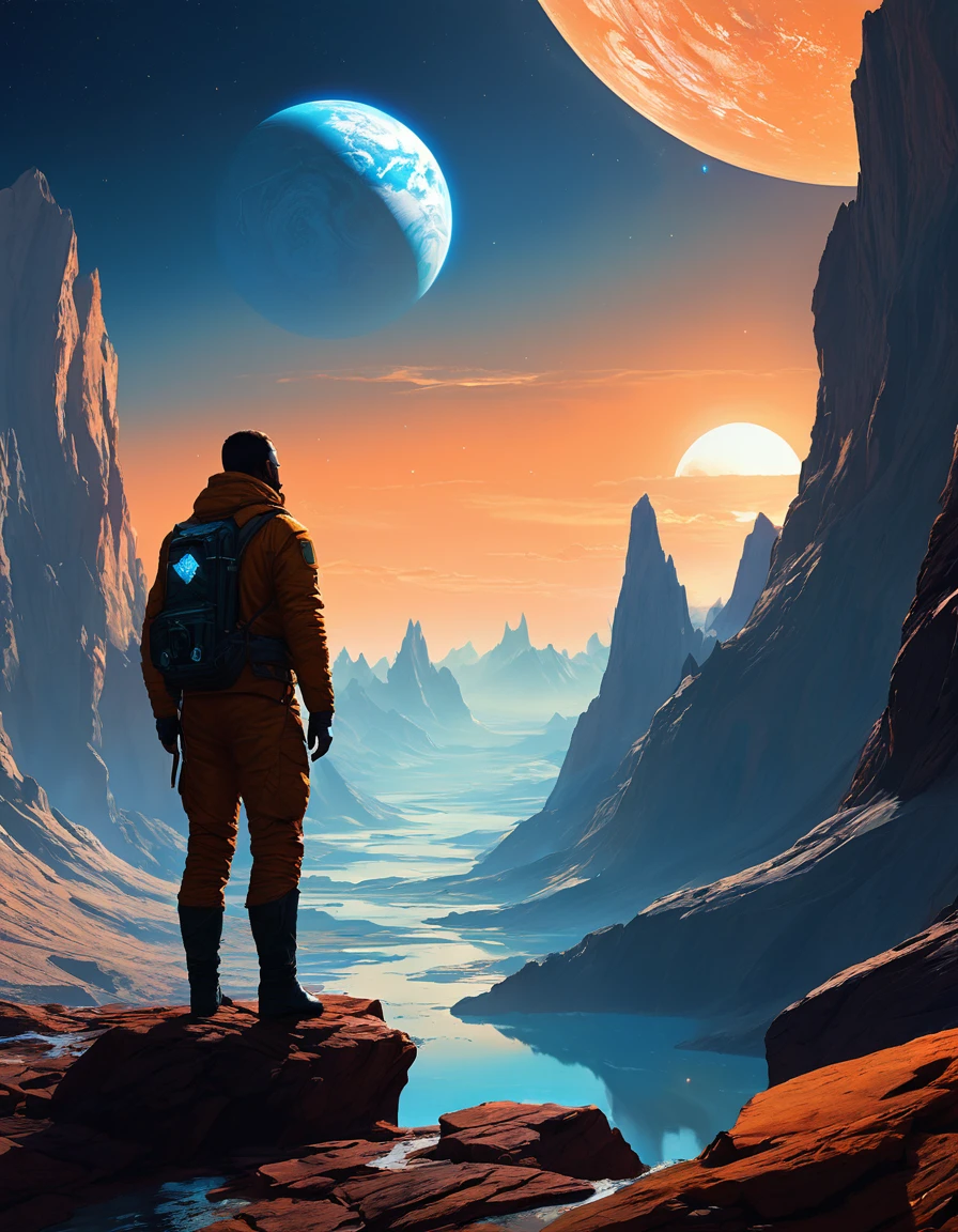 un homme debout sur une surface rocheuse regardant les planètes, concept art inspiré par Christopher Balaskas, tendance sur la société CG, art spatial, Art de science-fictionwork, Fond d&#39;écran fantastique de science-fiction, science-fiction spatiale, Art de science-fictionwork, Espace fantastique, Art de science-fictionwork, Art de science-fiction, Fond d&#39;écran incroyable, Art de science-fiction, Art de science-fiction