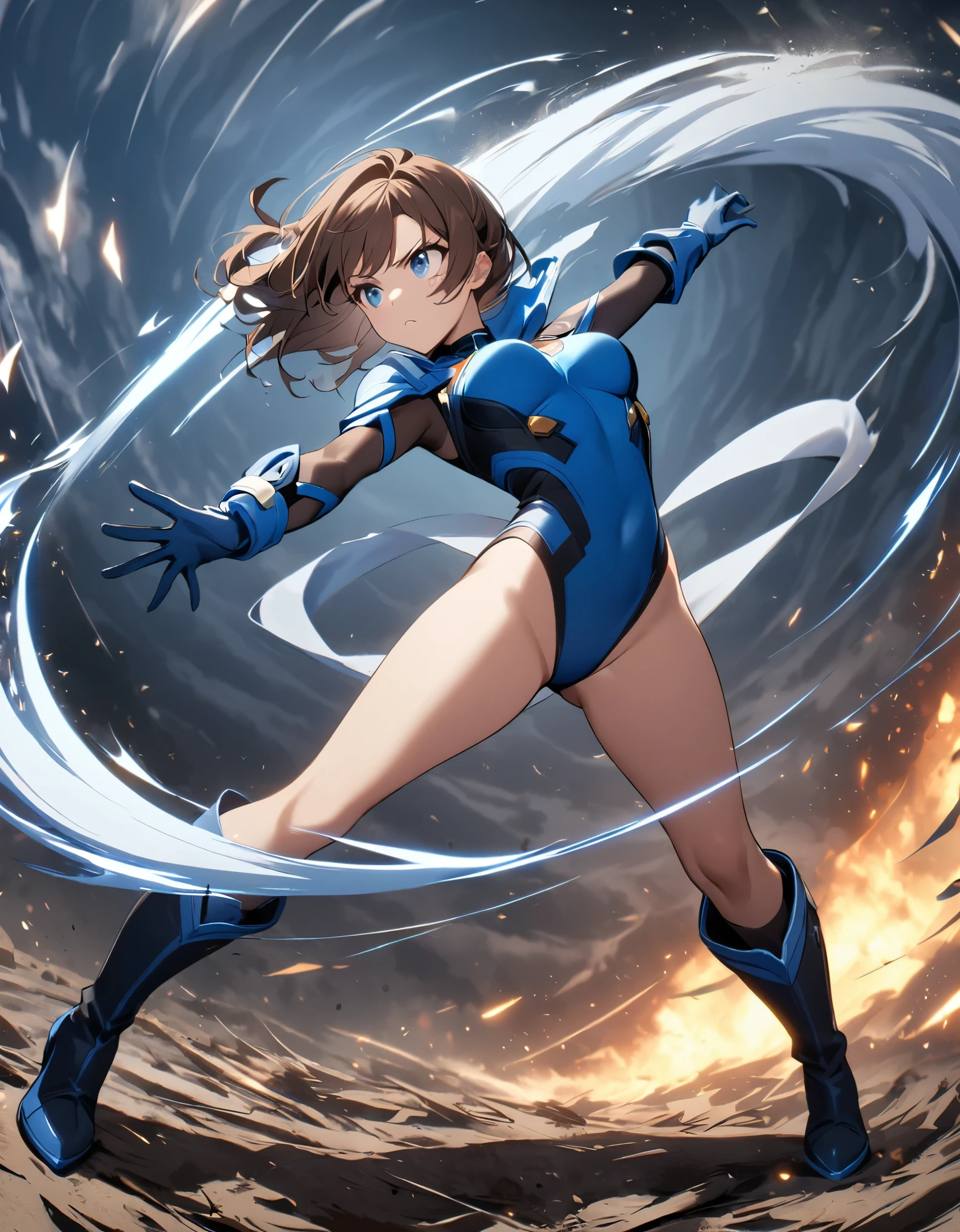 1girl, solo, solo focus, female superhero, medium breasts, leotard, red and blue leotard, bare legs, boots, matching boots, gloves, matching gloves, brown hair, blue-grey eyes, full body. legs straight. (she spins) at an (incredible speed), creating a whirlwind of air around her. curved sword smash. ((she spins)) into a ((tornado)).